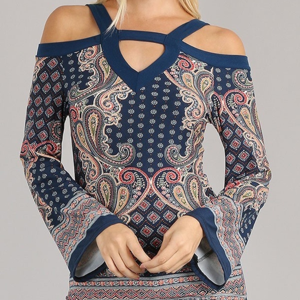 Brushed Paisley print top cold shoulder bo ho nwt